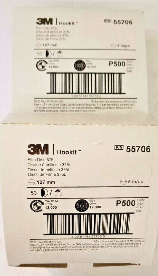 3M Hookit 5" (127mm) Film 375L Sanding Discs, 500 Grit, 100 discs, # 55706, USA