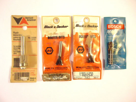 Router Bit Assortment, 4 pcs, 1/4" Shank, 3 Different Styles, Carbide Tipped.