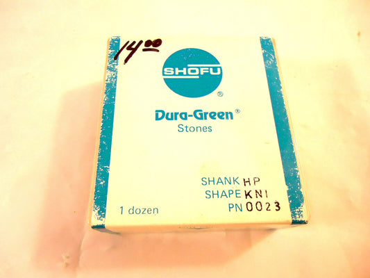 Shofu Dura-Green Mounted Stones, 12 Pcs, HP Shank (3/32”), Shape KN1, PN 0023.