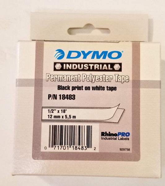 Dymo Permanent Polyester Tape P/N 18483, 1/2" x 18',Black on White,Rhino Pro,OEM